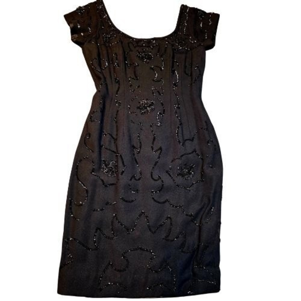 Vintage Black Beaded Sequin Cocktail Dress Short Sleeve Sheath Scoop Neck Formal